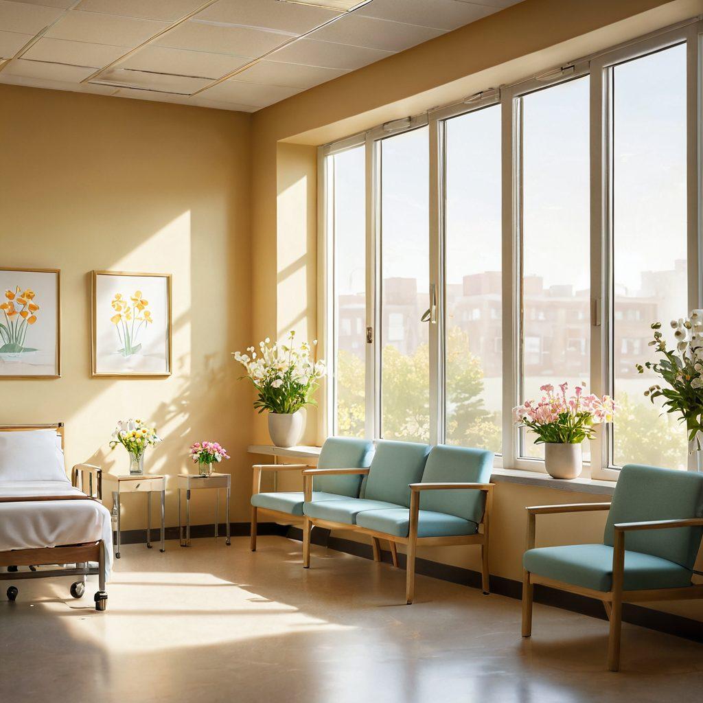 A serene hospital environment, showcasing a diverse group of patients discussing treatment options with compassionate healthcare professionals. Include symbols of hope like blooming flowers and gentle sunlight filtering through a window. The atmosphere should feel supportive and empowering, highlighting the strength of the patients. super-realistic. warm colors. soft focus.