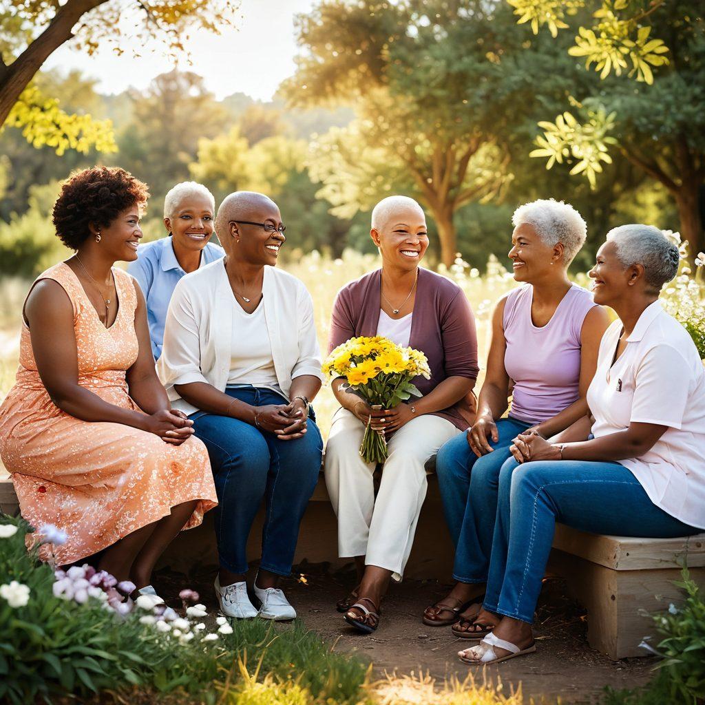 A serene scene depicting a diverse group of cancer survivors joyfully sharing stories in a sunlit support group. Elements of hope are represented through blooming flowers and soft, warm colors. Include visual metaphors like an open road symbolizing the journey of recovery, and supportive hands symbolizing community and assistance. The atmosphere should evoke strength and empowerment. super-realistic. vibrant colors. warm tones.